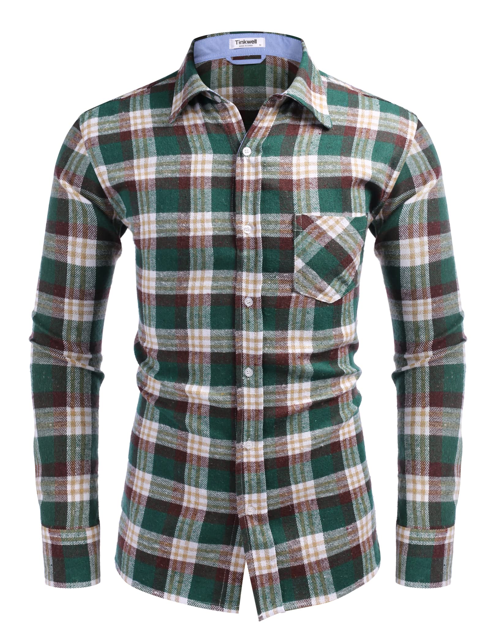 Tinkwell Mens Cotton Button Down Shirts Long Sleeve Plaid Dress Shirts Regular Fit M Green White