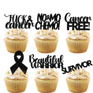 18pcs Black Glitter Dessert Cupcake Topper Cancer Chemo Free Survivor Warrior Theme Decor Supplies Breast Cancer Breast Care Awareness Birthday Party Decoration