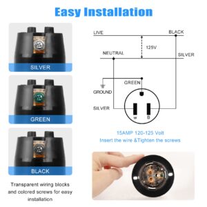 WAWETA 15 Amp Flanged Inlet 125V, Shore Power Inlet with Waterproof Cover, NEMA 5-15 AC Port Plug 2 Pole 3-Wire Generator Male Receptacle for Marine Boat RV Shed Electrical Extension