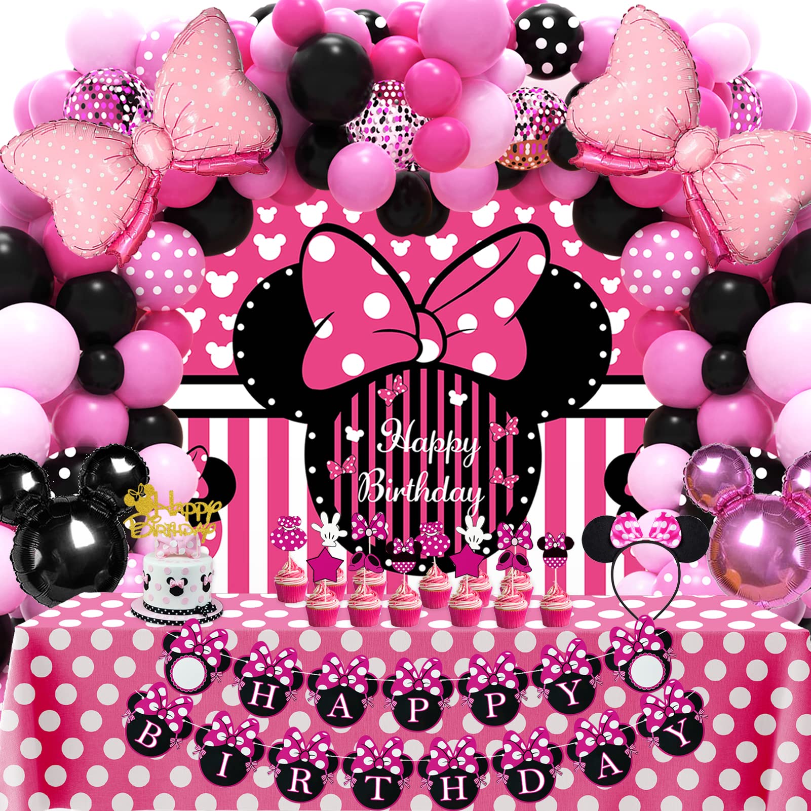 Pink Mouse Birthday Decorations Party Supplies for 1st 2nd 3rd Year Girl Baby Shower Pack (109 Pcs including Backdrop, Tablecloth, Banner, Headband, Foil Balloons, Balloons Garland Arch Kit)