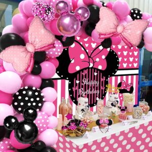 Pink Mouse Birthday Decorations Party Supplies for 1st 2nd 3rd Year Girl Baby Shower Pack (109 Pcs including Backdrop, Tablecloth, Banner, Headband, Foil Balloons, Balloons Garland Arch Kit)