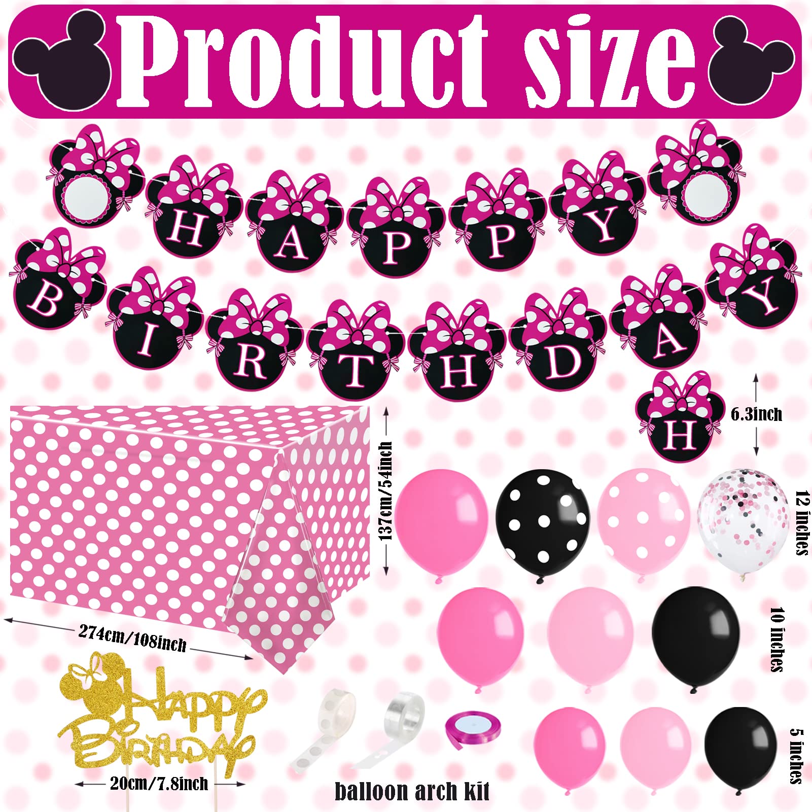 Pink Mouse Birthday Decorations Party Supplies for 1st 2nd 3rd Year Girl Baby Shower Pack (109 Pcs including Backdrop, Tablecloth, Banner, Headband, Foil Balloons, Balloons Garland Arch Kit)