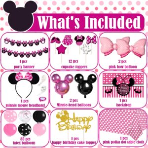 Pink Mouse Birthday Decorations Party Supplies for 1st 2nd 3rd Year Girl Baby Shower Pack (109 Pcs including Backdrop, Tablecloth, Banner, Headband, Foil Balloons, Balloons Garland Arch Kit)