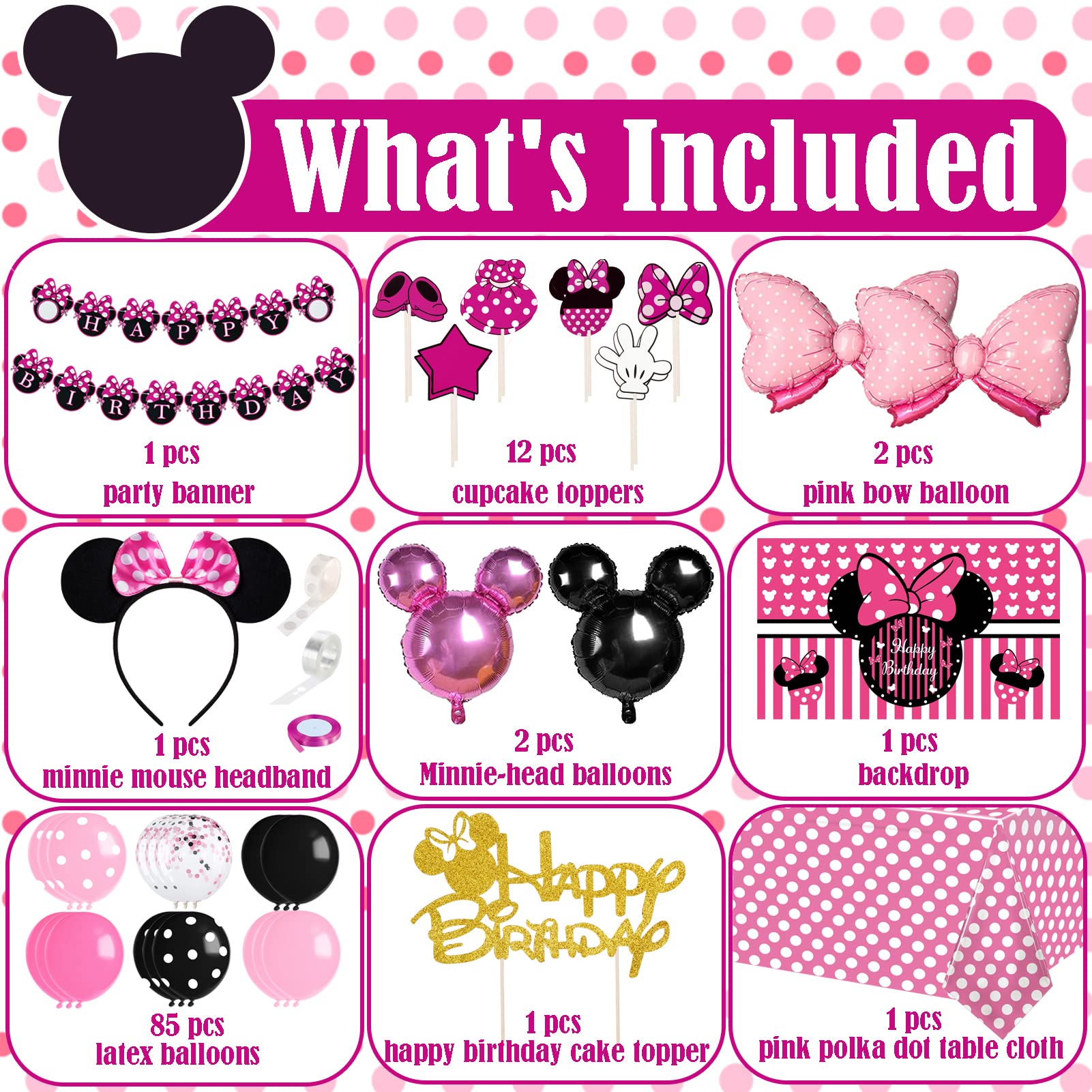 Pink Mouse Birthday Decorations Party Supplies for 1st 2nd 3rd Year Girl Baby Shower Pack (109 Pcs including Backdrop, Tablecloth, Banner, Headband, Foil Balloons, Balloons Garland Arch Kit)