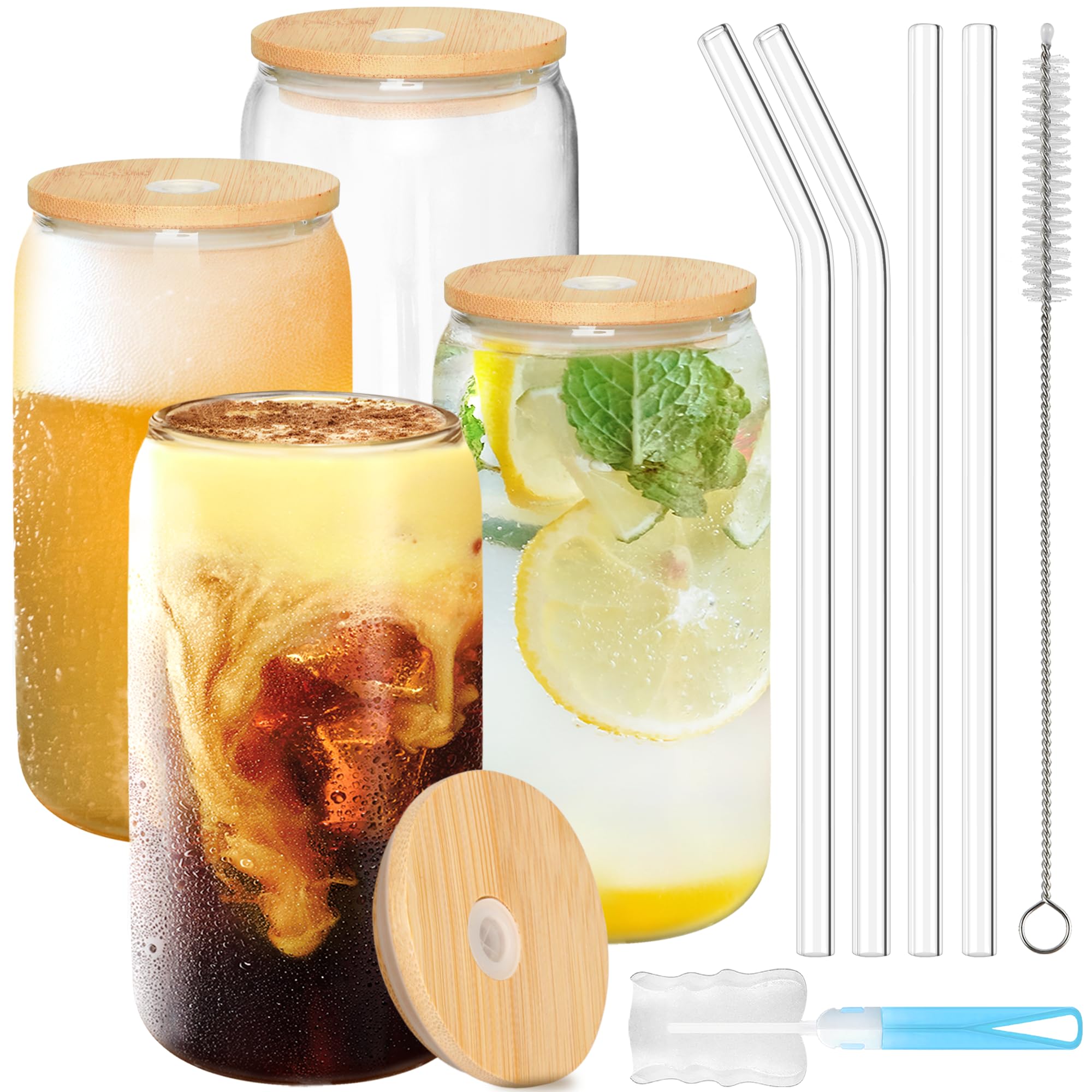 GIVAMEIHF Drinking Glasses with Bamboo Lids and Glass Straw 4pcs Set-16oz,Glass Cups with Lids and Straws,Iced Coffee Cups,Cute Tumbler Cup,Soda,deal for Cocktail,Whiskey,Gift