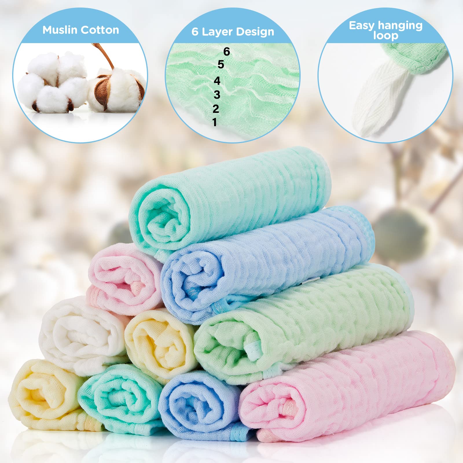 Tudomro 20 Pack Muslin Burp Cloths 20 x 10 Inch Absorbent Baby Burping Cloth 6 Layers Baby Rags Face Towels, 5 Colors