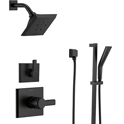 Delta Faucet Pivotal 3-Setting Matte Black Shower System Including Black Shower Head, Slide Bar Handheld Shower, Shower Handle, Shower Diverter and Shower Valve Kit, Delta Shower Trim Kit, Matte Black