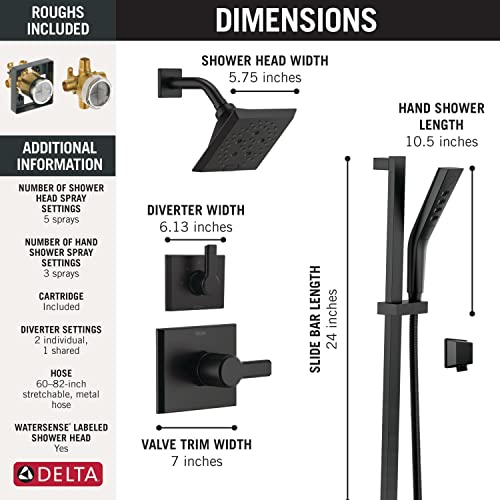 Delta Faucet Pivotal 3-Setting Matte Black Shower System Including Black Shower Head, Slide Bar Handheld Shower, Shower Handle, Shower Diverter and Shower Valve Kit, Delta Shower Trim Kit, Matte Black