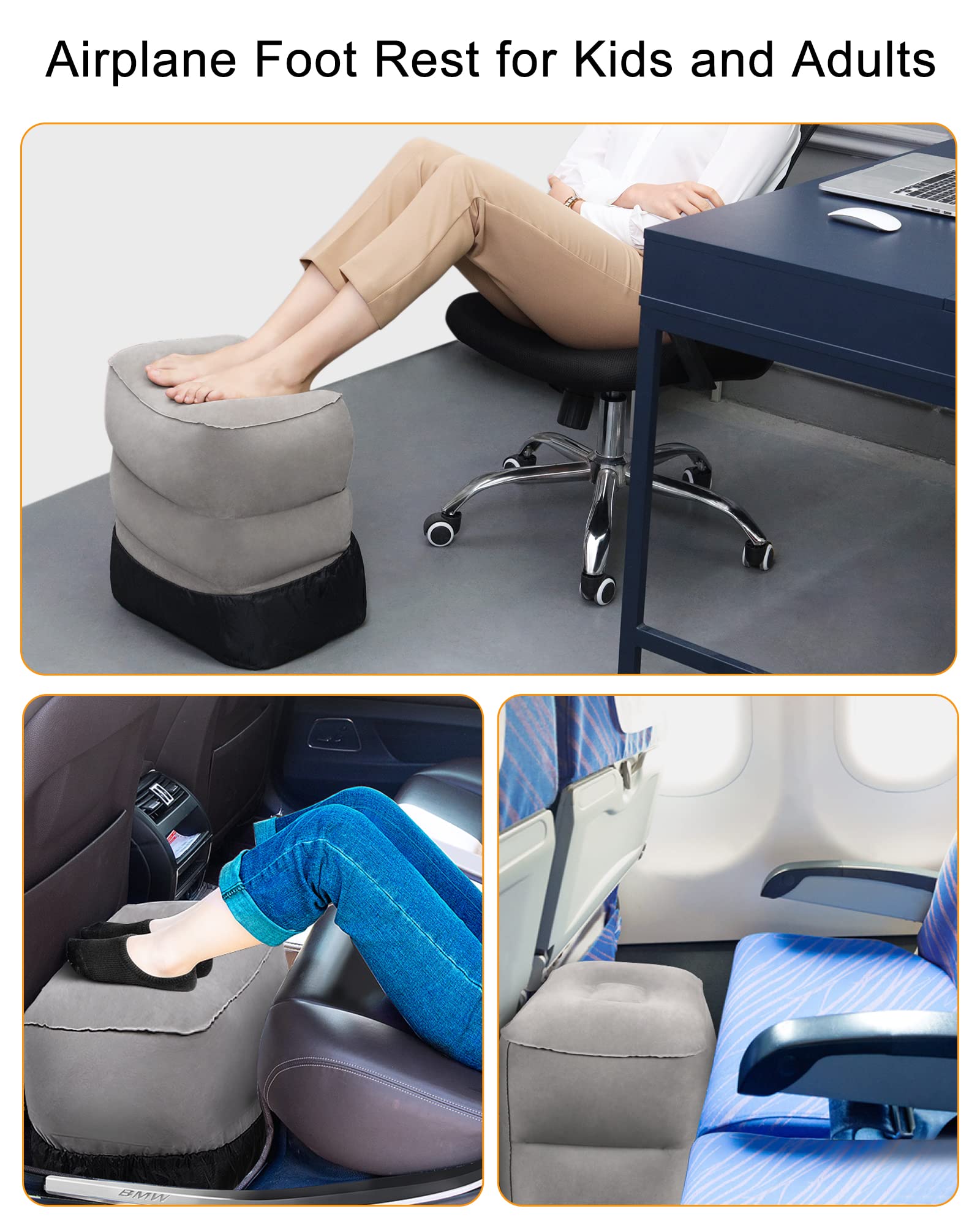 BLABOK Inflatable Foot Rest for Air Travel, Airplane Footrest Adjustable Height Travel Foot Pillow for Kids & Adults on Plane,Car,Train,Office (Grey)