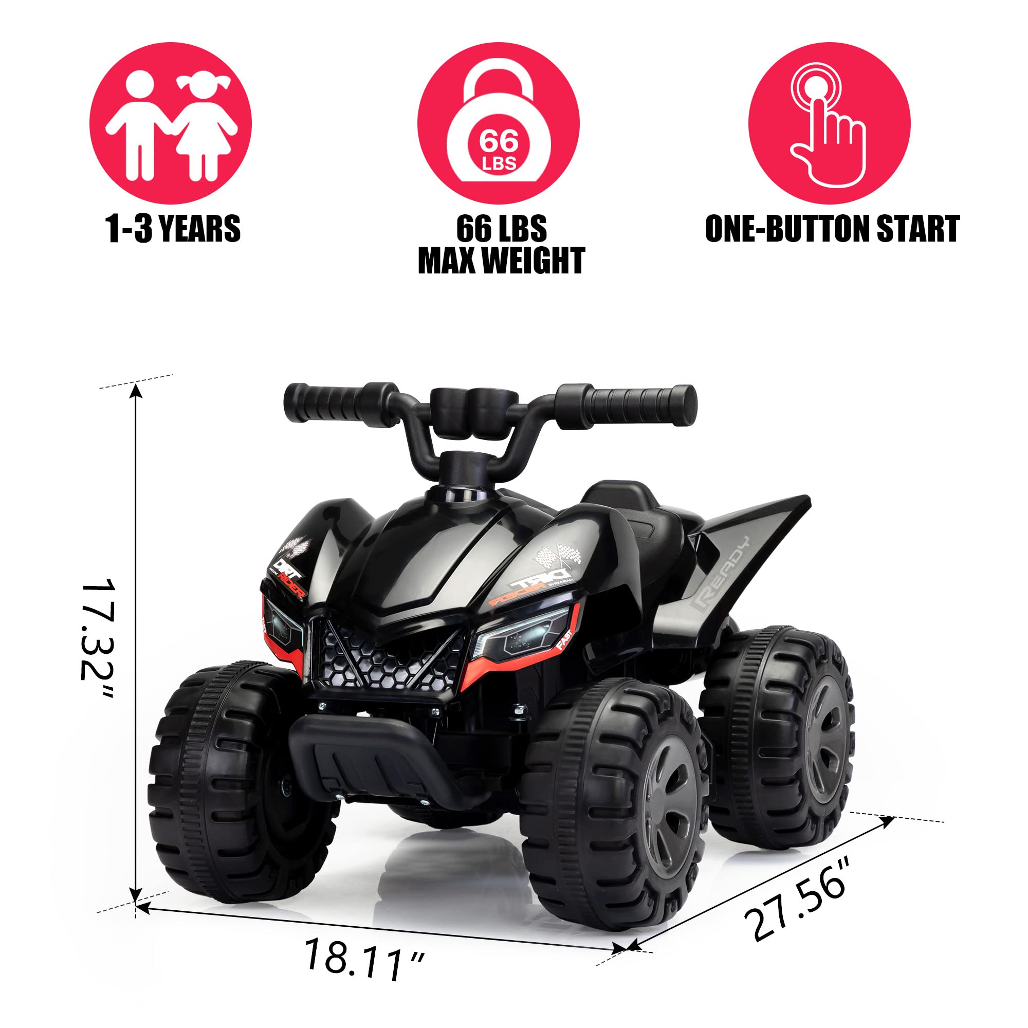 TOBBI Electric Ride On ATV for Kids, Toddlers 6V Battery Powered Ride On Toy with LED Lights Mist Spray Device, 4 Wheeled Electric Car with Radio & Music for Children Aged 1-3-Black