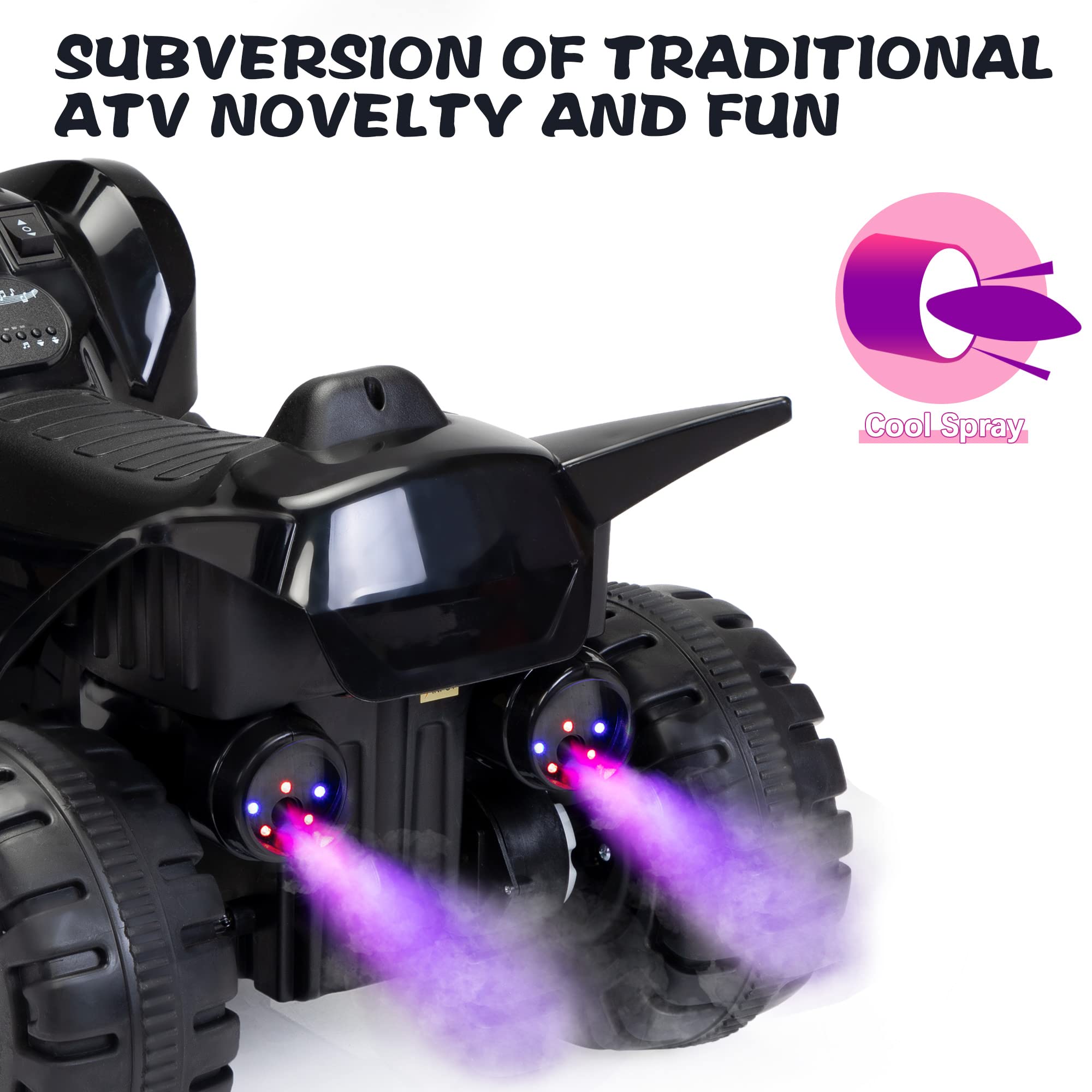 TOBBI Electric Ride On ATV for Kids, Toddlers 6V Battery Powered Ride On Toy with LED Lights Mist Spray Device, 4 Wheeled Electric Car with Radio & Music for Children Aged 1-3-Black