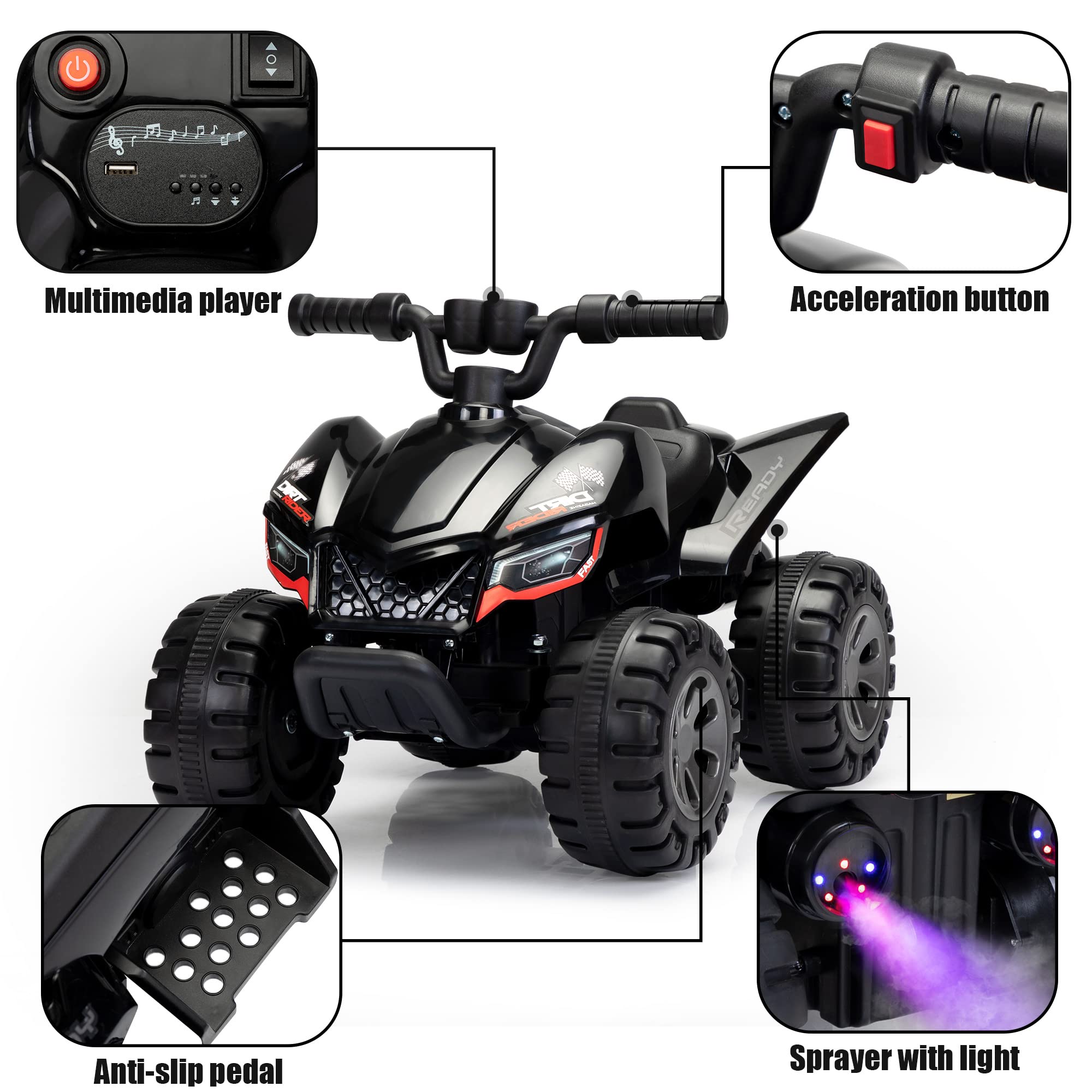 TOBBI Electric Ride On ATV for Kids, Toddlers 6V Battery Powered Ride On Toy with LED Lights Mist Spray Device, 4 Wheeled Electric Car with Radio & Music for Children Aged 1-3-Black