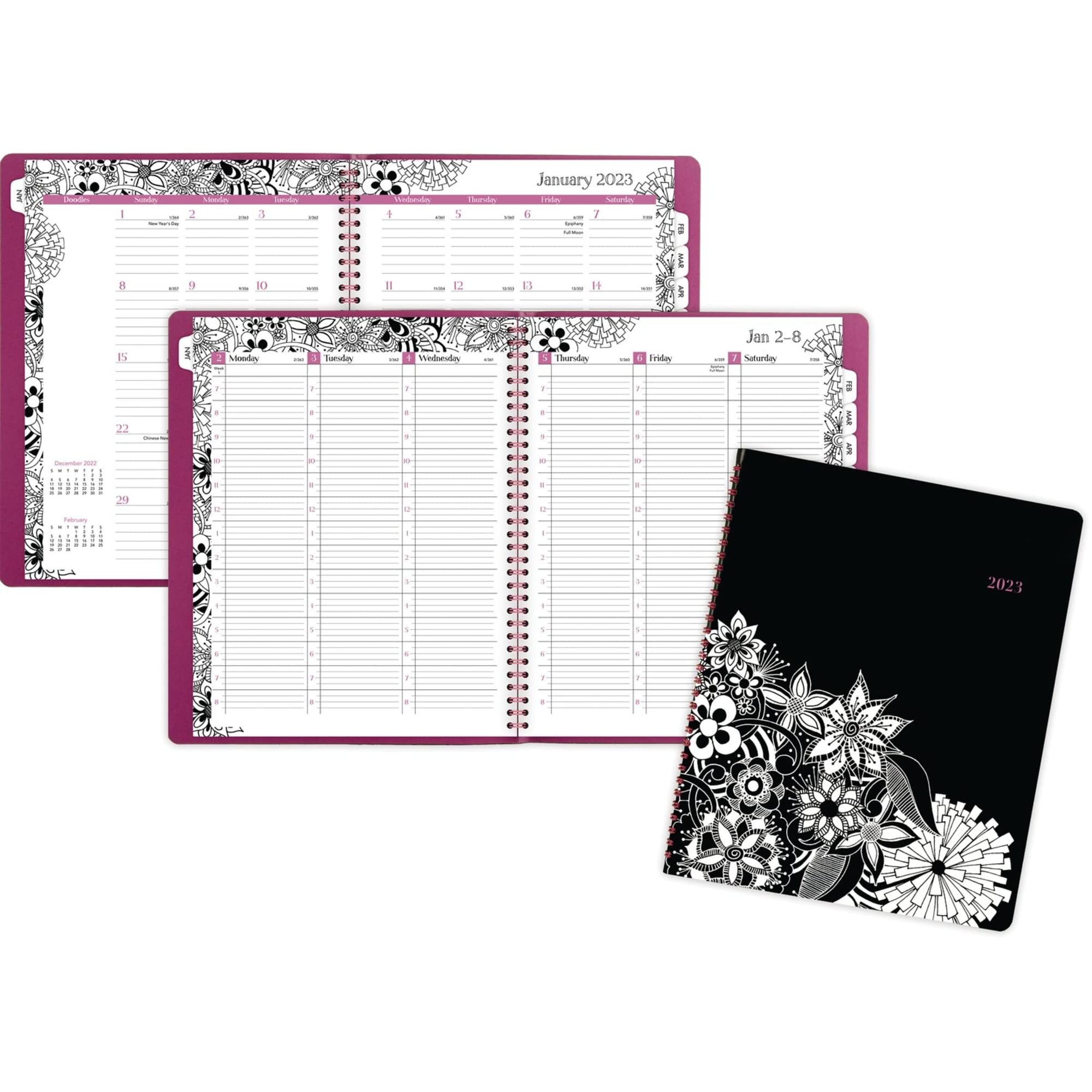 Cambridge 2023 Weekly & Monthly Planner, 8-1/2" x 11", Large, Premium, FloraDoodle, Black/White (589-905)