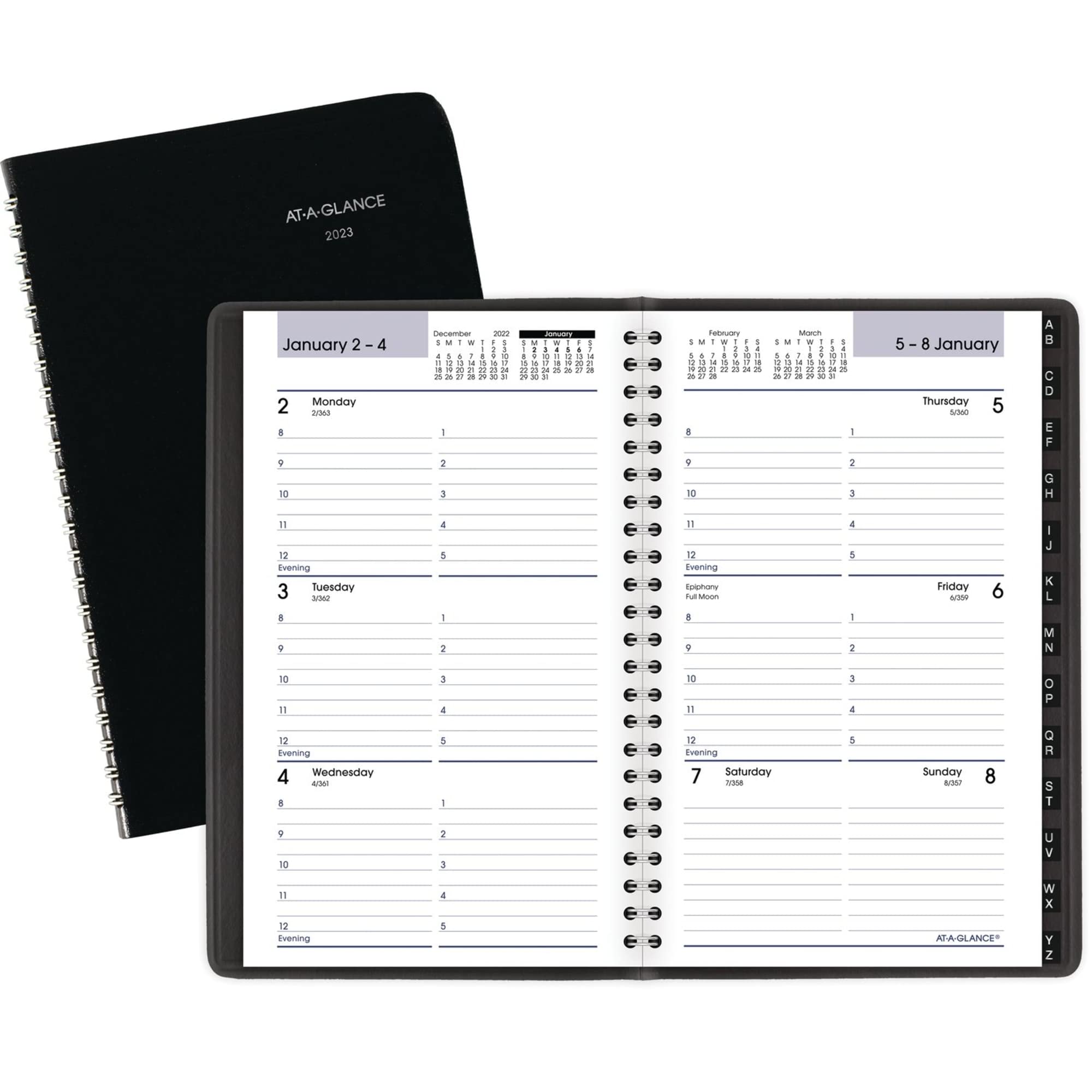 AT-A-GLANCE 2023 Weekly Planner, DayMinder, Hourly Appointment Book, 5-1/2" x 8-1/2", Small, Tabbed Telephone/Address Pages, Black (G21000)