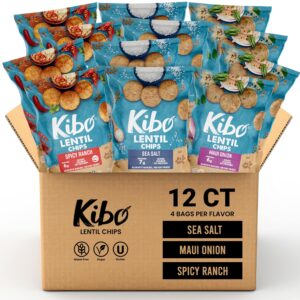 kibo lentil chips variety pack - gluten-free vegan chips - non-gmo verified - plant-based 28 grams – maui onion, sea salt, and spicy ranch - 12 pack