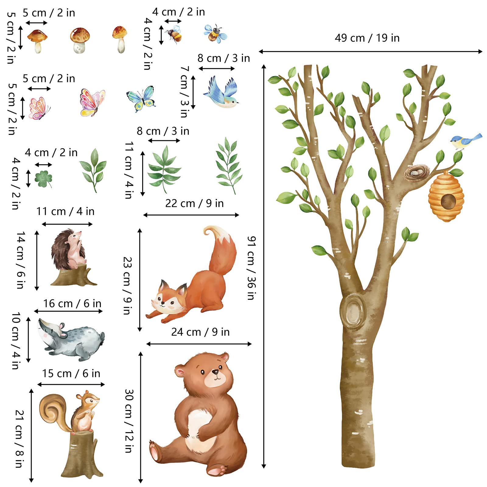 wondever Woodland Animals Wall Stickers Birch Tree Bear Fox Peel and Stick Wall Art Decals for Kids Bedroom Baby Nursery