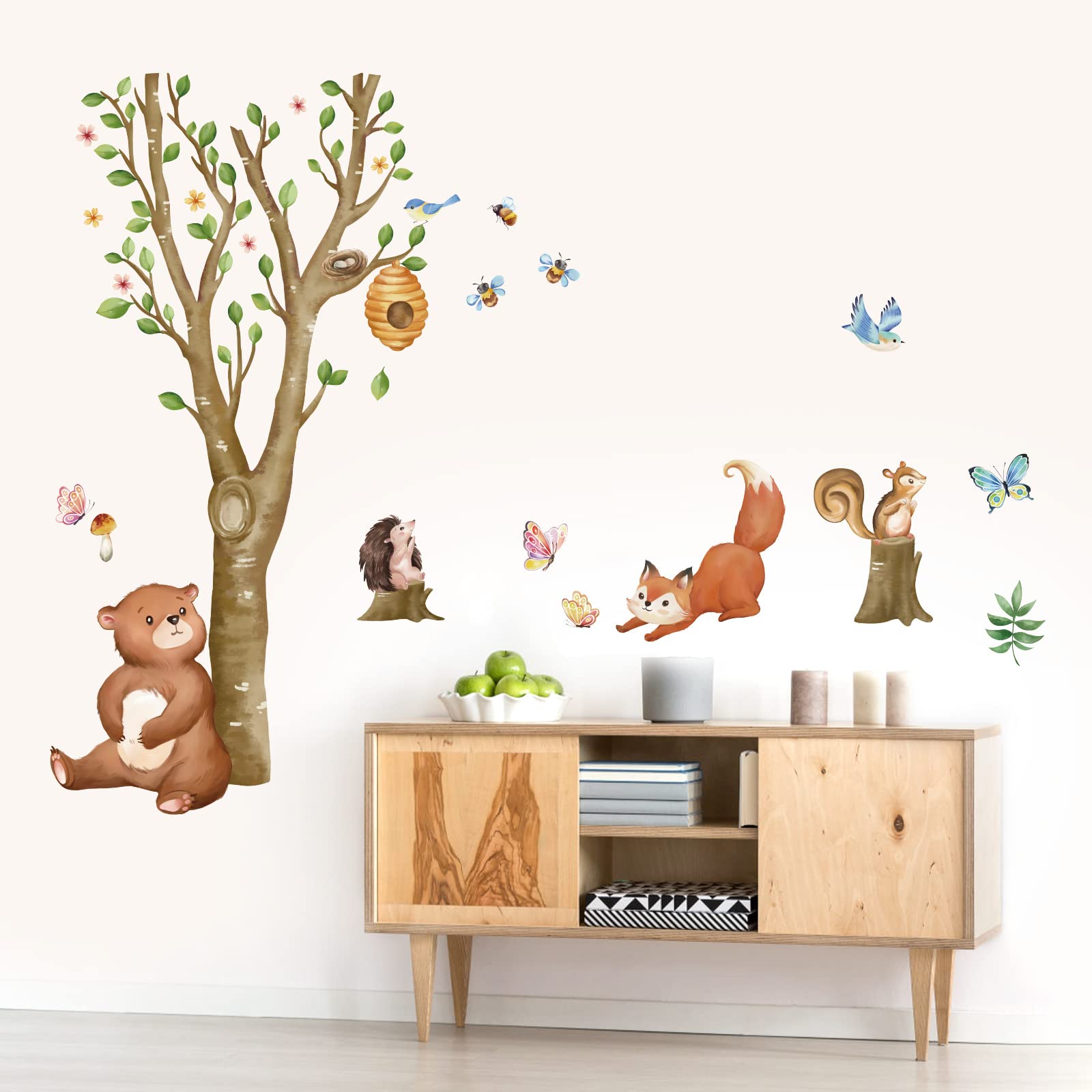 wondever Woodland Animals Wall Stickers Birch Tree Bear Fox Peel and Stick Wall Art Decals for Kids Bedroom Baby Nursery