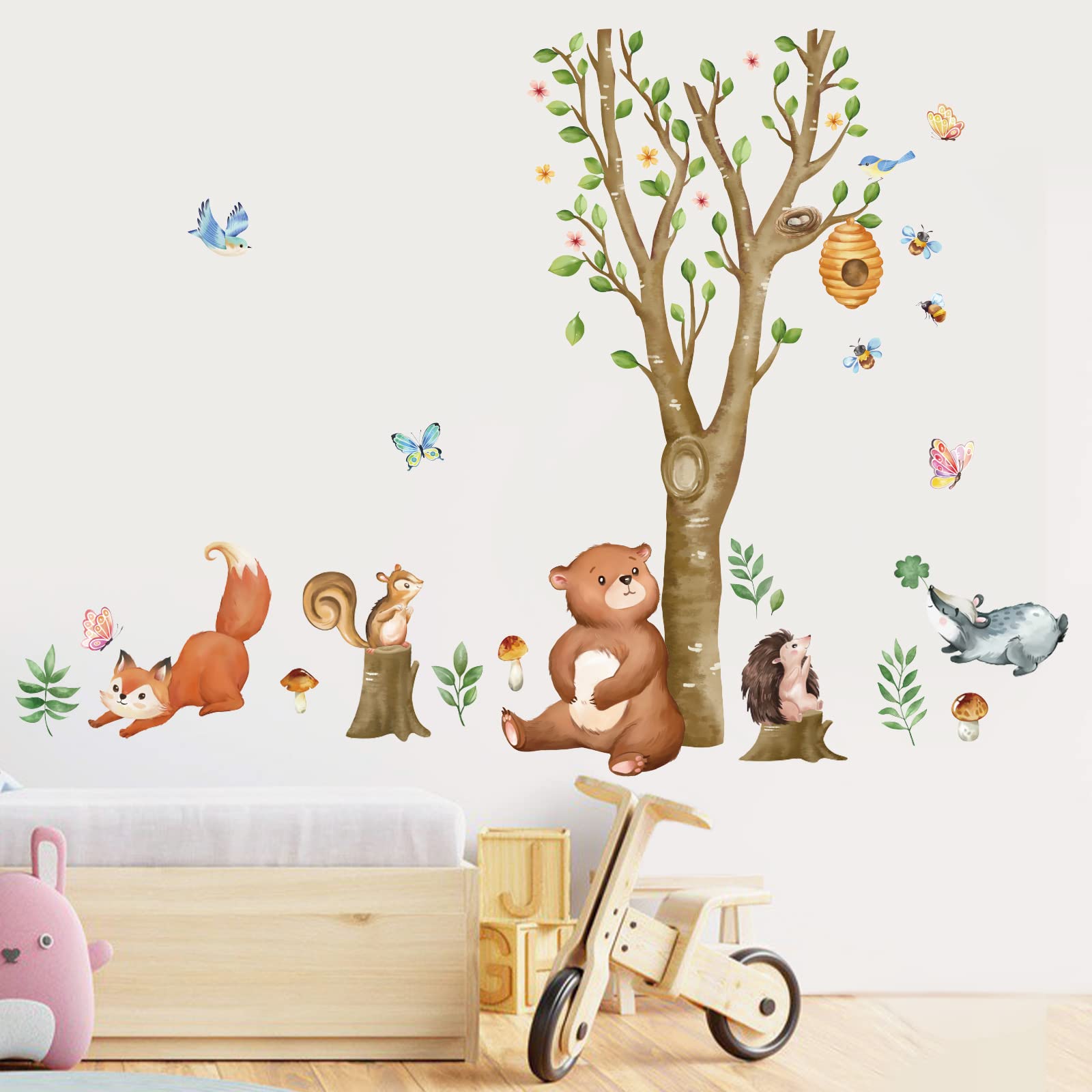 wondever Woodland Animals Wall Stickers Birch Tree Bear Fox Peel and Stick Wall Art Decals for Kids Bedroom Baby Nursery