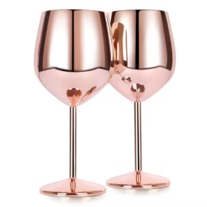 fools alibai stainless steel unbreakable stemmed wine glasses, steel wine goblets set of 2, 17 oz wine goblets red white wine shatterproof bpa free great for outdoor events, picnic (rose gold-1)