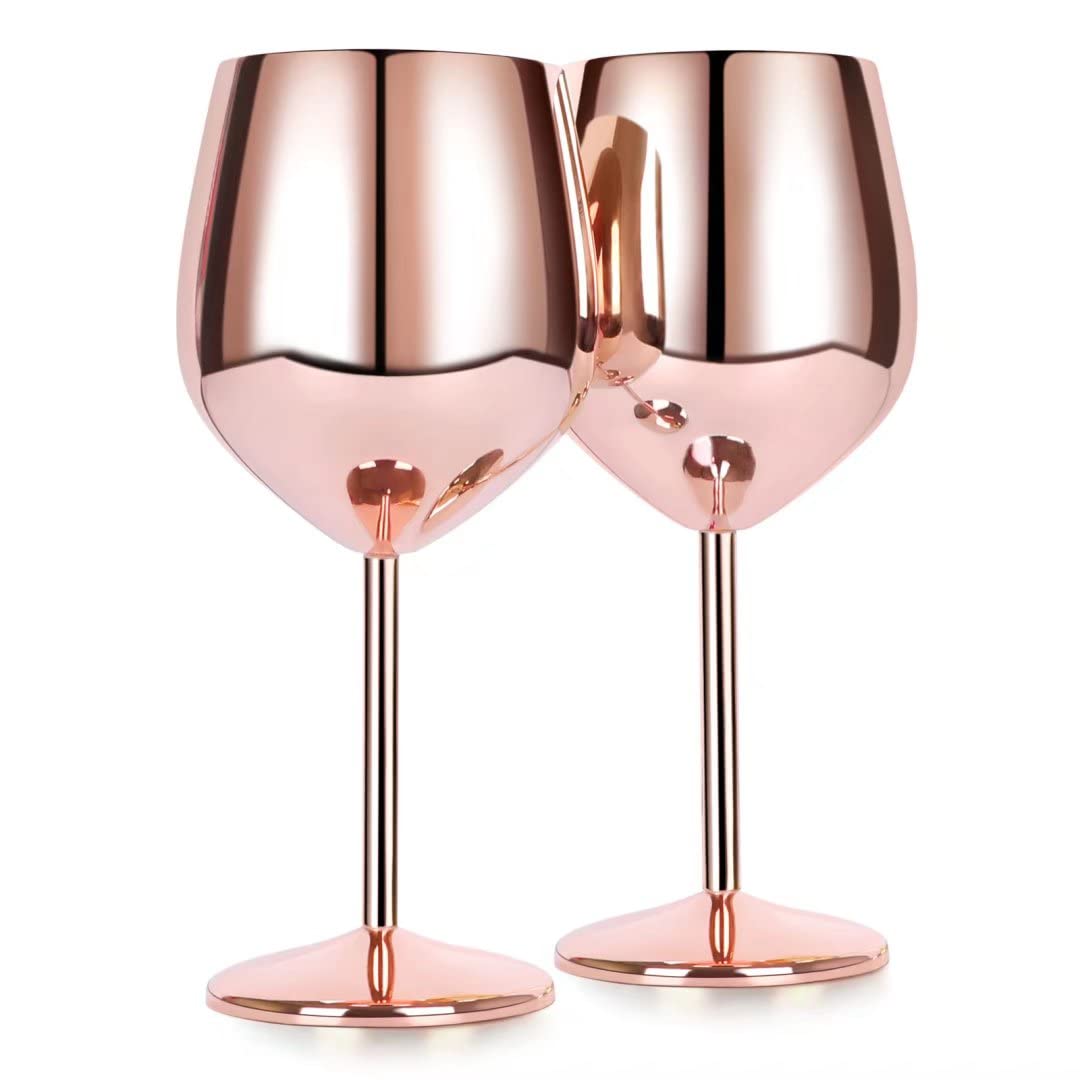 FOOLS ALIBAI Stainless Steel Unbreakable Stemmed Wine Glasses, Steel Wine Goblets Set of 2, 17 oz Wine Goblets Red White Wine Shatterproof BPA Free Great for Outdoor Events, Picnic (ROSE GOLD-1)