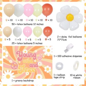 Cheereveal Young and Wild Three Decorations Girl, Three Groovy Birthday Decorations with Backdrop Retro Hippie Boho Daisy Flower 3rd Birthday Supplies Balloon Garland Kit