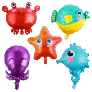 prasacco 5 pieces sea animals balloons, under the sea party decorations water balloons seahorse starfish puffer fish crab octopus balloon for birthday under the sea ocean party decorations
