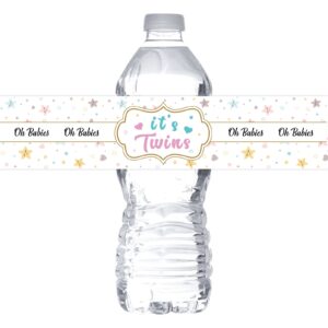 monmon & craft it's twins water bottle stickers / oh babies bottle wrappers / baby shower / welcome baby / baby 1st birthday party water labels supplies waterproof ( set of 32 )