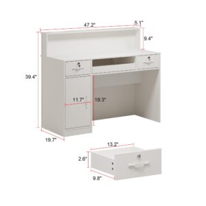 ECACAD Reception Desk with Light, Display Shelf & Lockable Drawers, Office Desk Reception Counter Table with Keyboard Tray and Door, White (47.2”W x 19.7”D x 39.2”H)