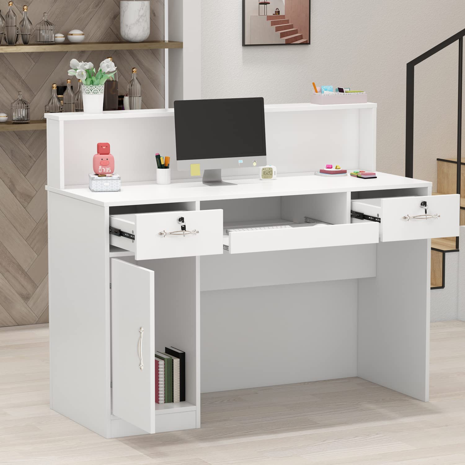 ECACAD Reception Desk with Light, Display Shelf & Lockable Drawers, Office Desk Reception Counter Table with Keyboard Tray and Door, White (47.2”W x 19.7”D x 39.2”H)