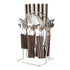 snplowum 24-piece wooden handle stainless steel flatware set with cutlery holder, hanging tableware home kitchen utensils service for 6, mirror silver polish