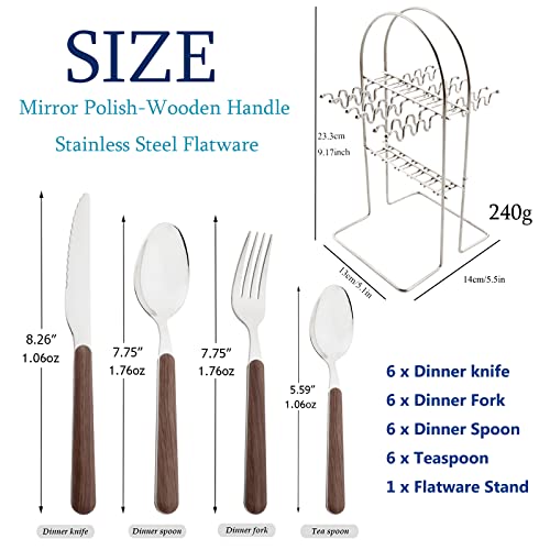 Snplowum 24-Piece Wooden Handle Stainless Steel Flatware Set With Cutlery Holder, Hanging Tableware Home Kitchen Utensils Service For 6, Mirror Silver Polish