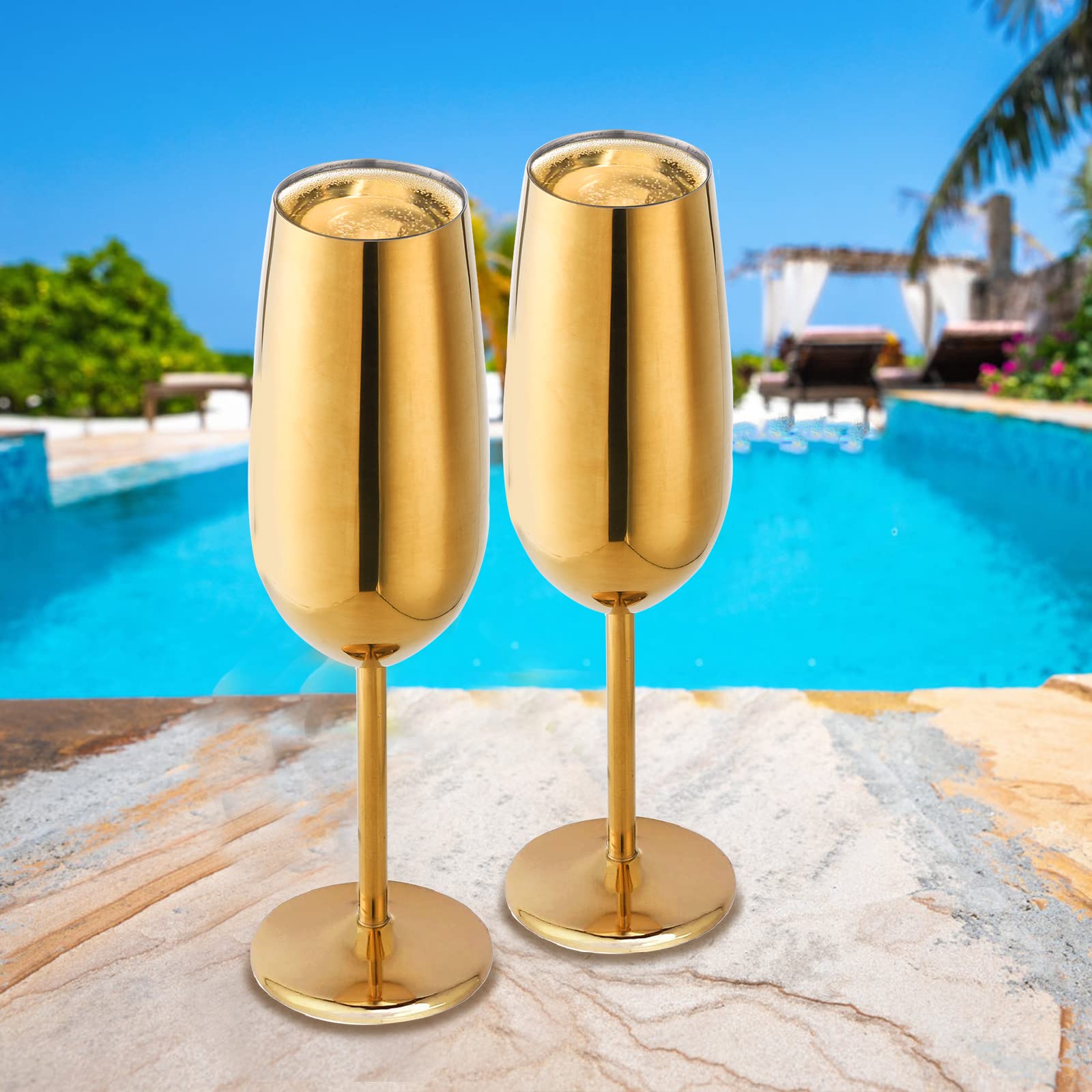 DEAYOU 2-Pack 18/10 Stainless Steel Champagne Glasses, Gold Metal Wine Goblet Cup for Cheers, Wedding, Party