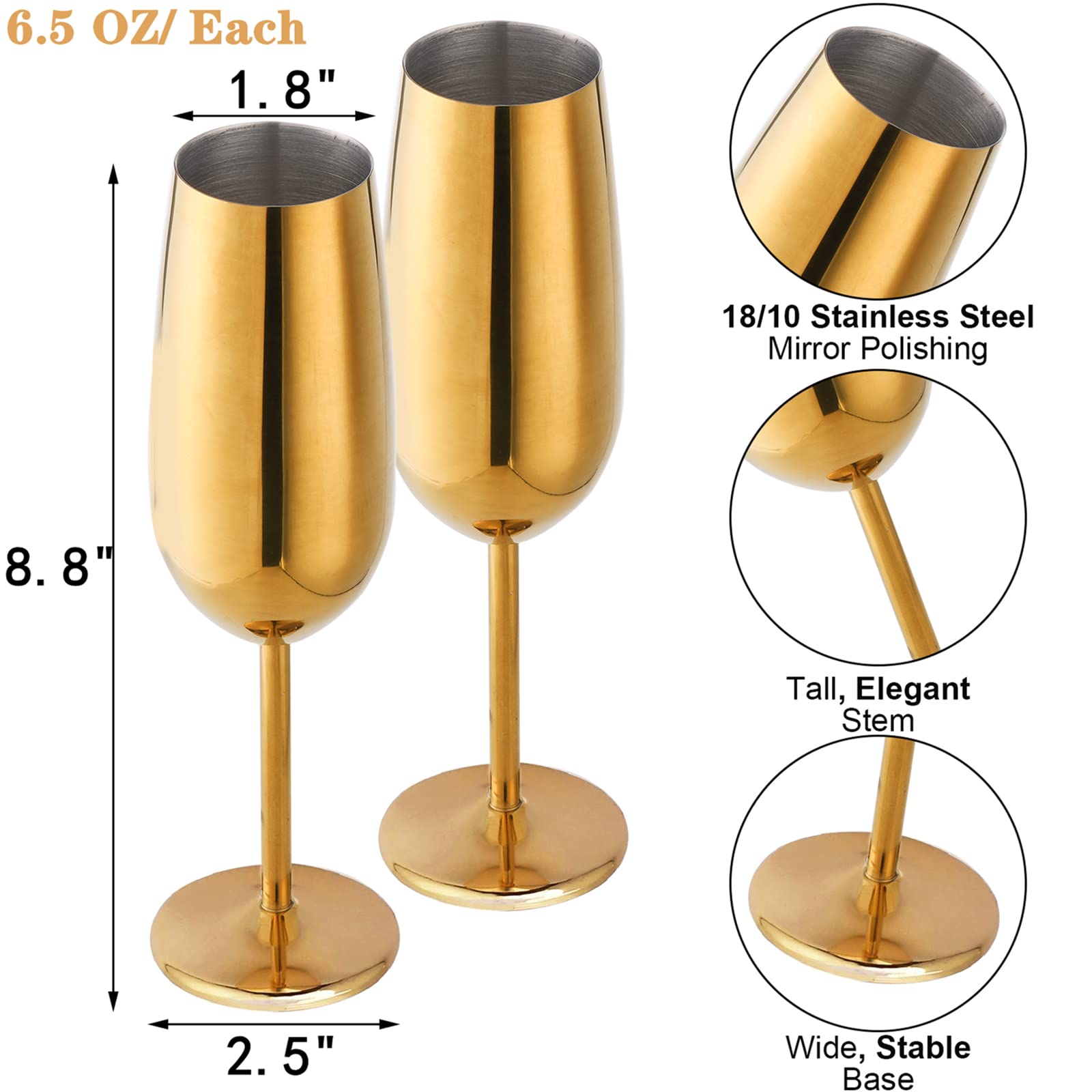 DEAYOU 2-Pack 18/10 Stainless Steel Champagne Glasses, Gold Metal Wine Goblet Cup for Cheers, Wedding, Party