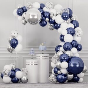 rubfac navy blue silver balloon garland kit, blue silver white confetti balloons for graduation birthday party baby shower