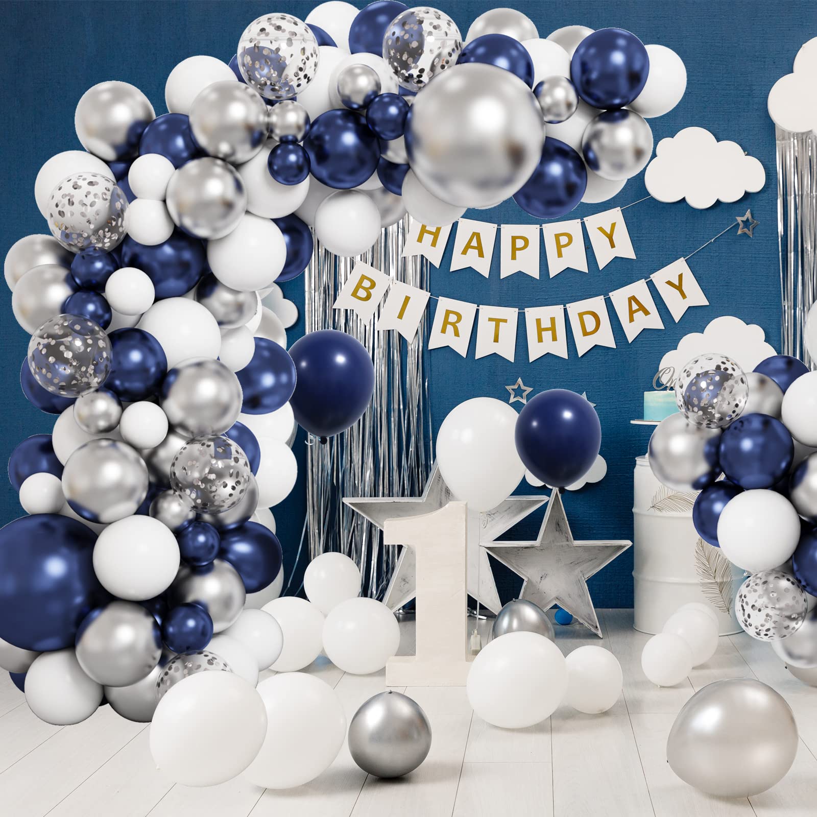 RUBFAC Navy Blue Silver Balloon Garland Kit, Blue Silver White Confetti Balloons for Graduation Birthday Party Baby Shower