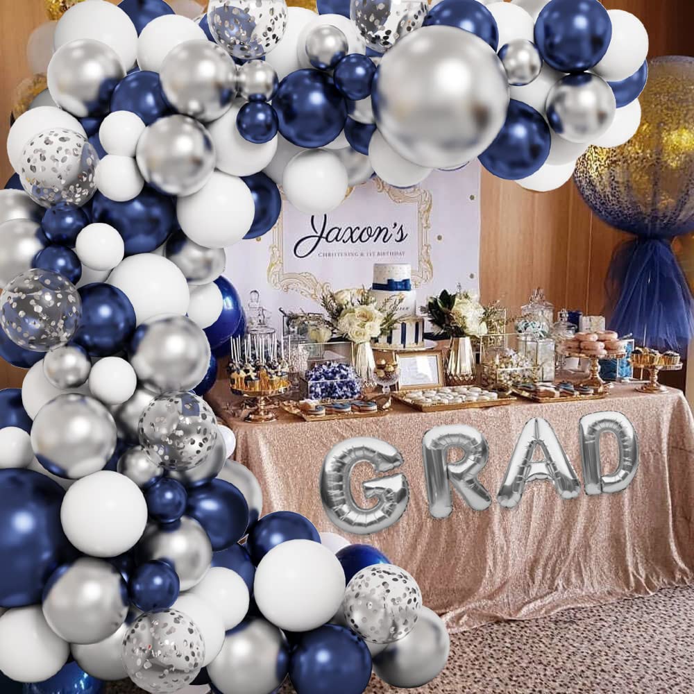 RUBFAC Navy Blue Silver Balloon Garland Kit, Blue Silver White Confetti Balloons for Graduation Birthday Party Baby Shower