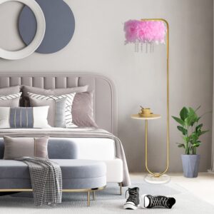 beaysyty unique led pink feather floor lamp with tray,ostrich feather stand lamp,living room bedroom office shop window decoration lamp,foot switch and brass/gold finish arc floor lamp