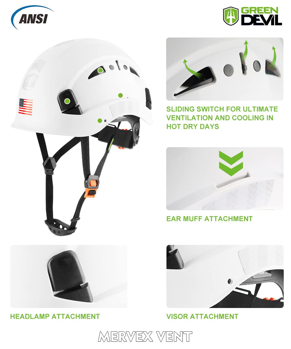 GREEN DEVIL Safety Helmet Hard Hat Adjustable Lightweight Vented ABS Work Helmet for Men and Women 6-Point Suspension ANSI Z89.1 Approved Ideal for Industrial & Construction