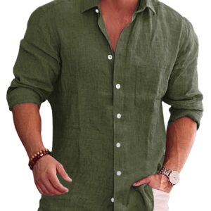 COOFANDY Men's Linen Shirt Textured Designer Western Work Regular Fit Shirt Army Green