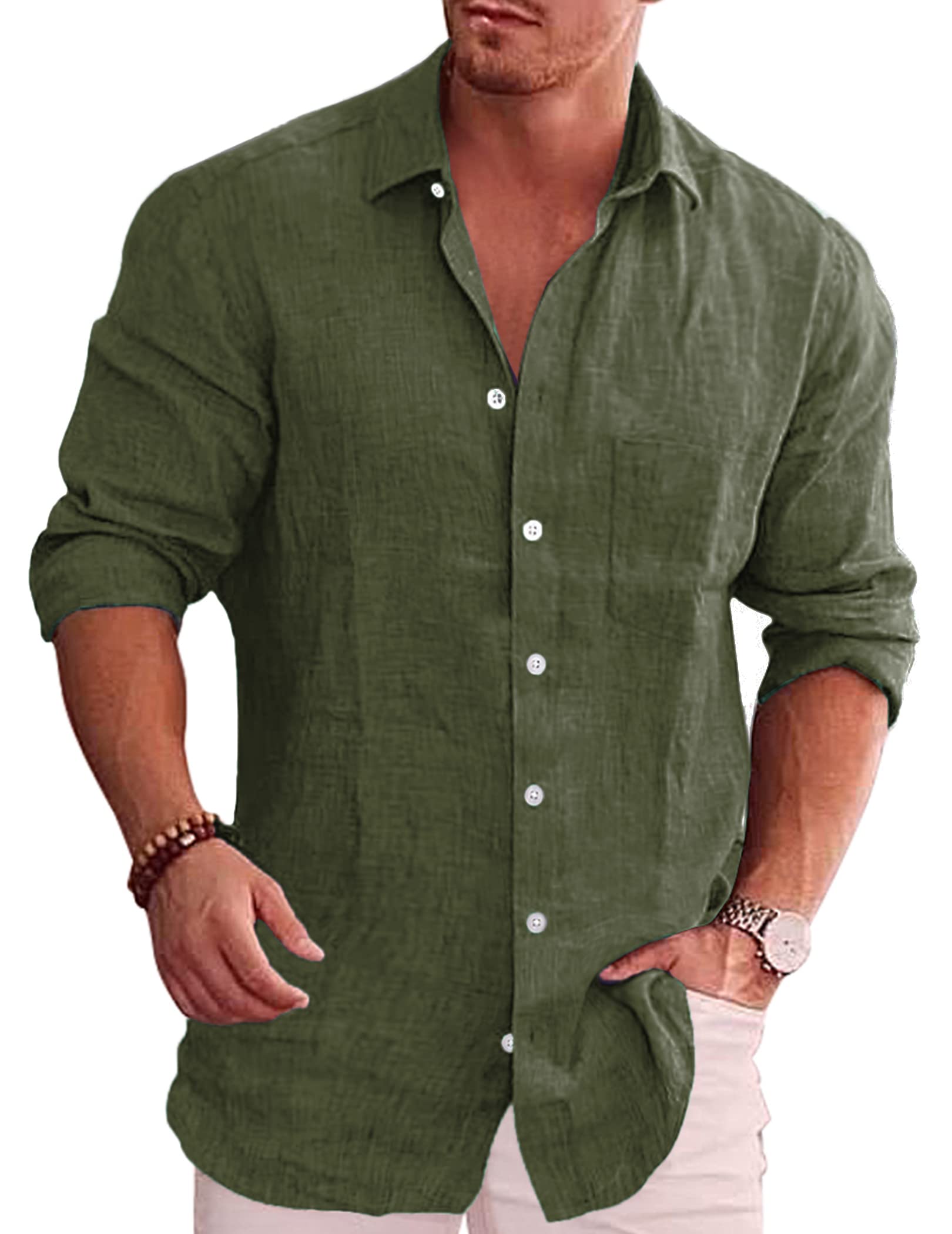 COOFANDY Men's Linen Shirt Textured Designer Western Work Regular Fit Shirt Army Green