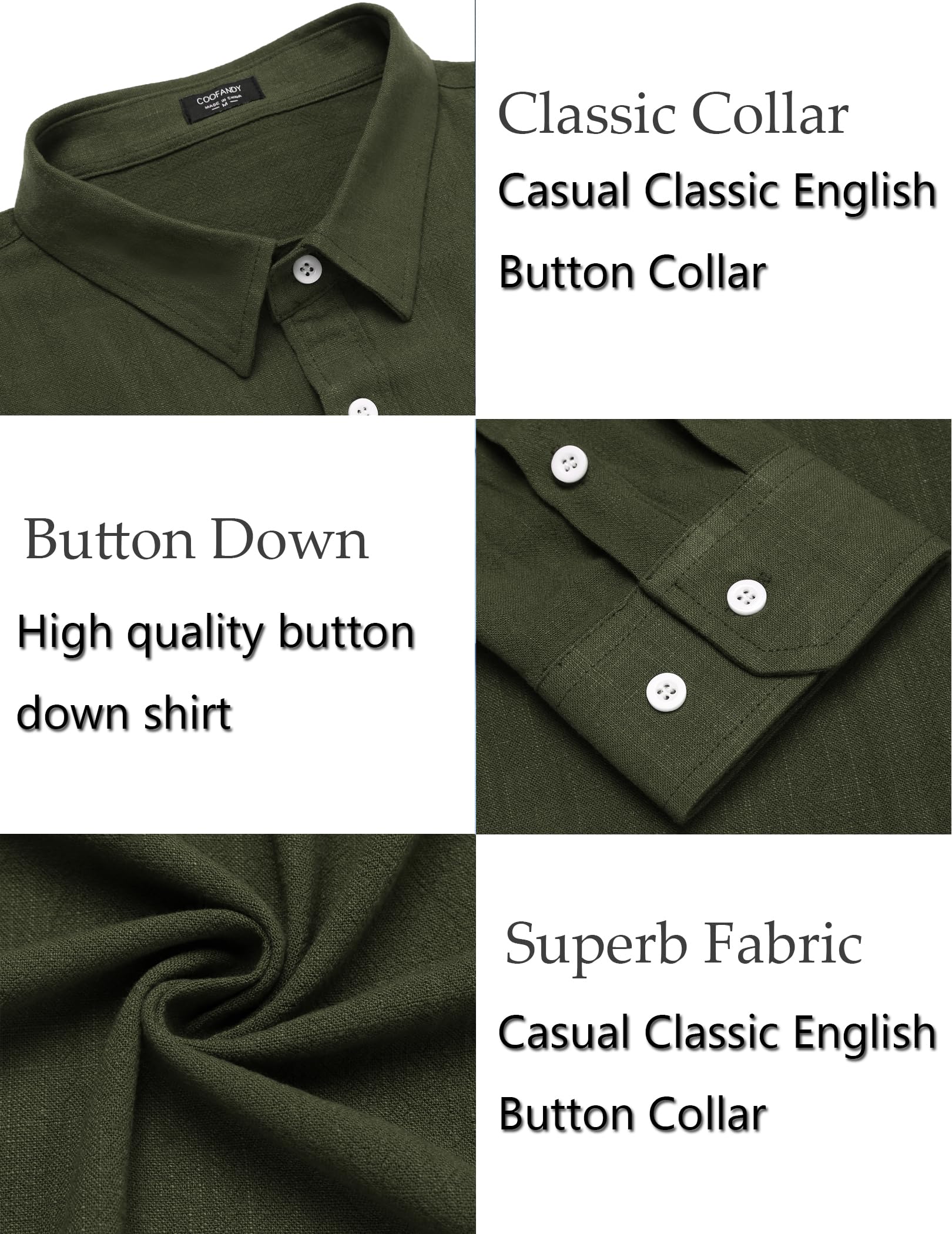 COOFANDY Men's Linen Shirt Textured Designer Western Work Regular Fit Shirt Army Green