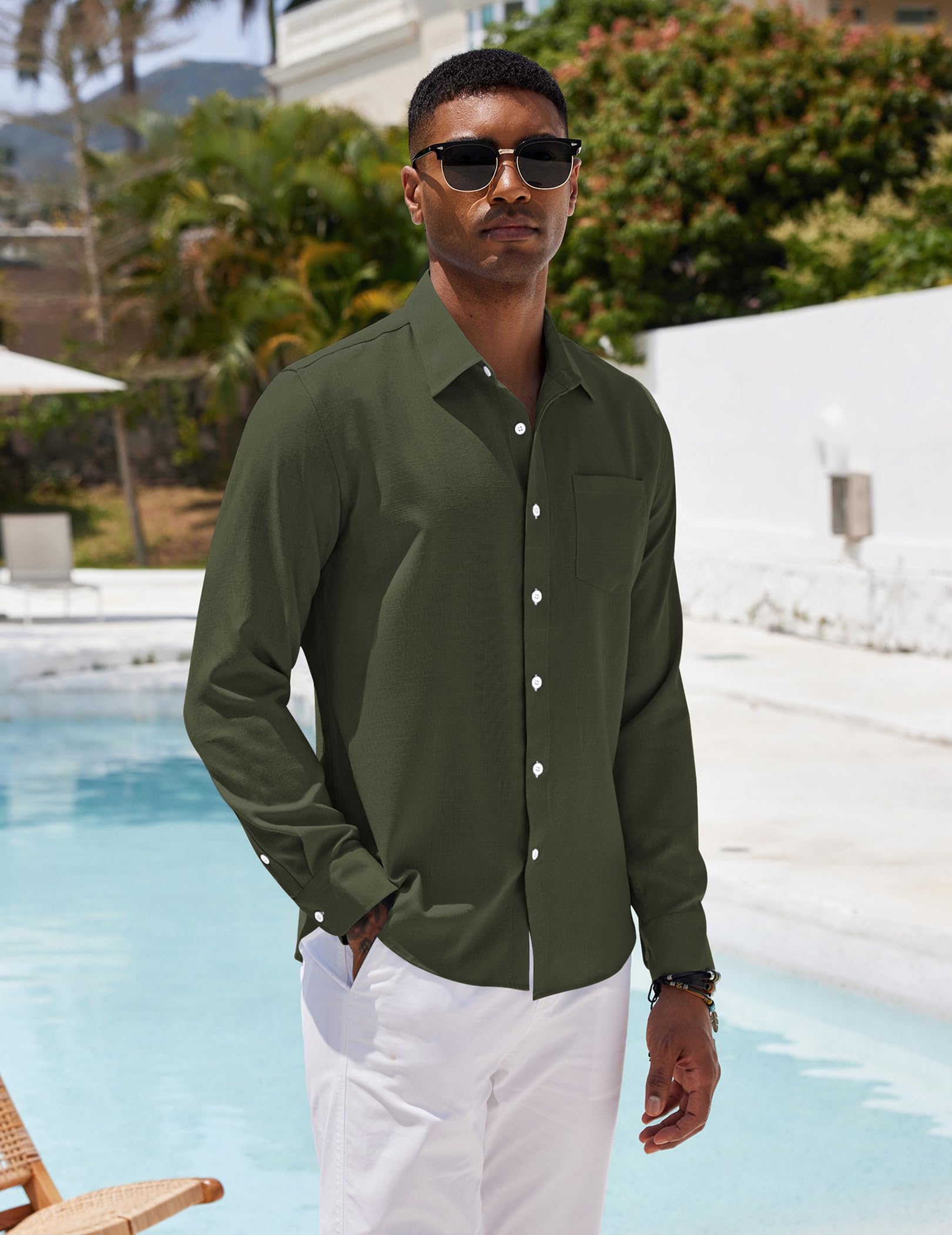 COOFANDY Men's Linen Shirt Textured Designer Western Work Regular Fit Shirt Army Green