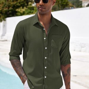 COOFANDY Men's Linen Shirt Textured Designer Western Work Regular Fit Shirt Army Green