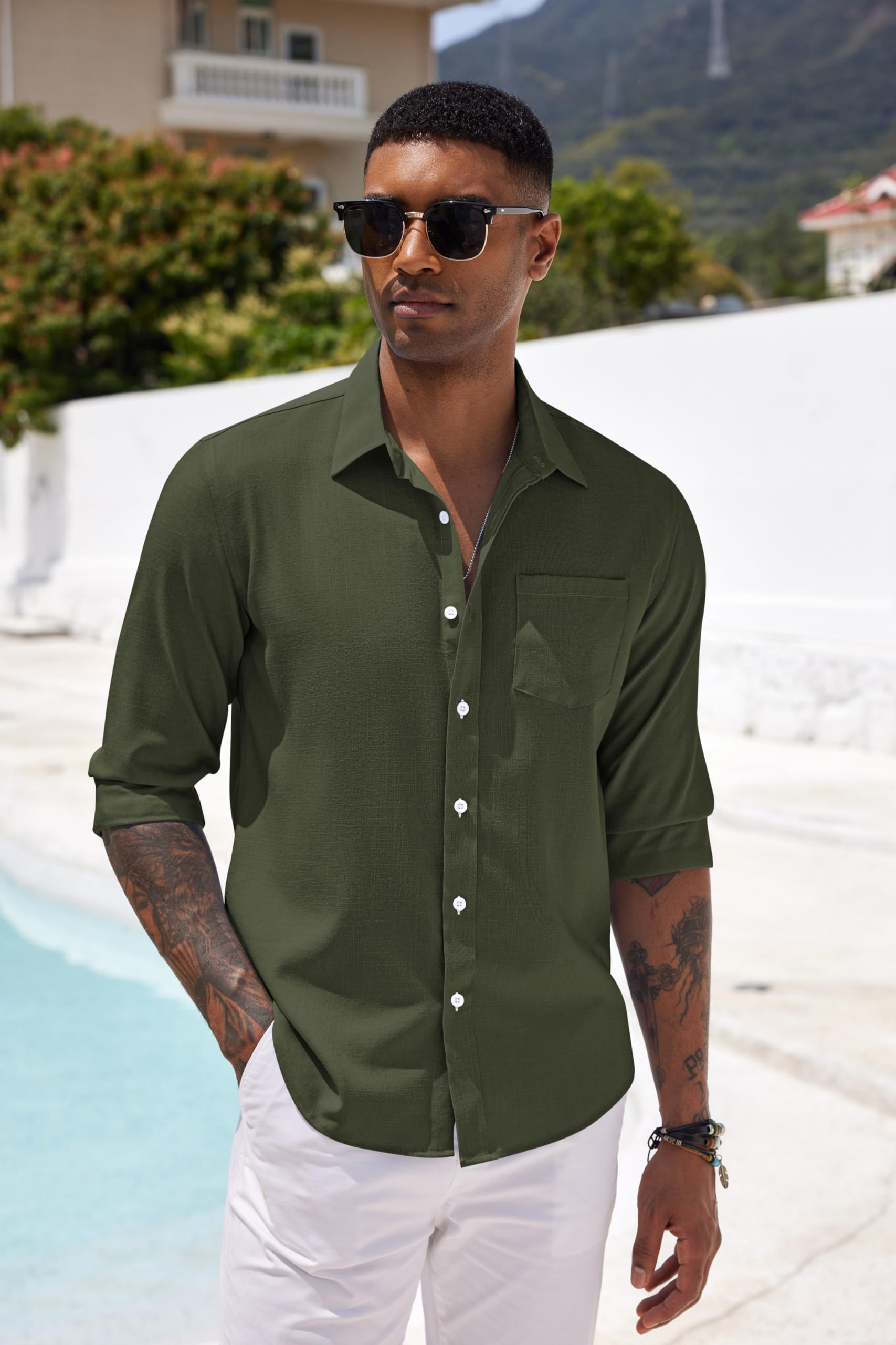 COOFANDY Men's Linen Shirt Textured Designer Western Work Regular Fit Shirt Army Green