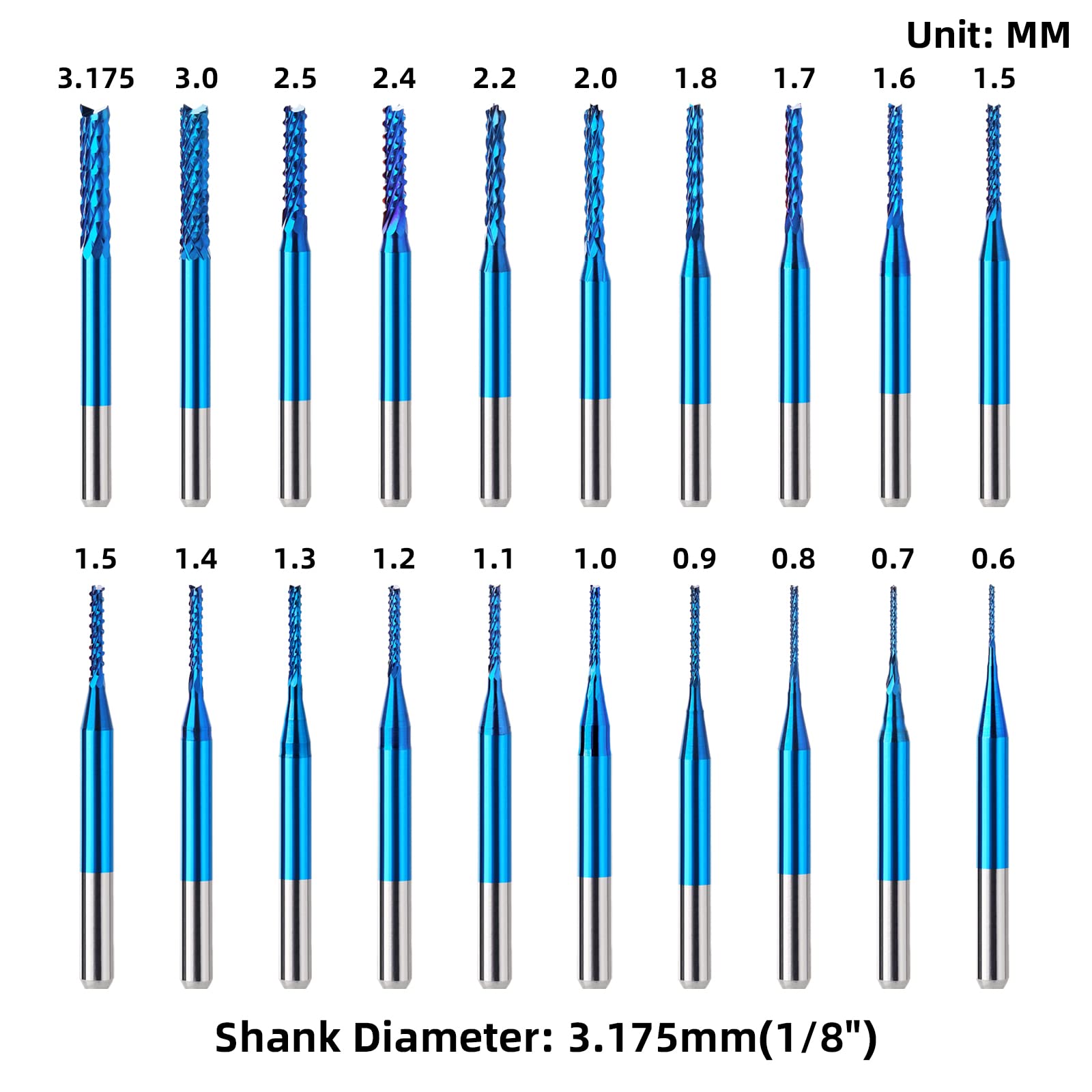 20Pcs 0.6-3.175mm CNC Router Bit Set, 1/8” Shank Nano Blue Coat Carbide Engraving End Milling Cutter Rotary Burrs Tool