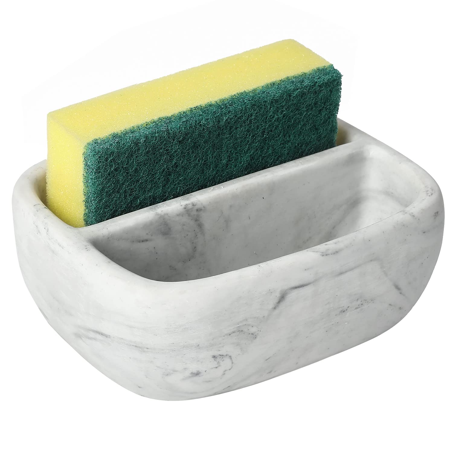 MyGift Modern White Resin Sponge Holder for Kitchen Sink, Countertop Sponge Dish with 2 Compartments and Marble Pattern