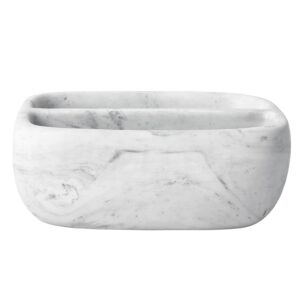 MyGift Modern White Resin Sponge Holder for Kitchen Sink, Countertop Sponge Dish with 2 Compartments and Marble Pattern