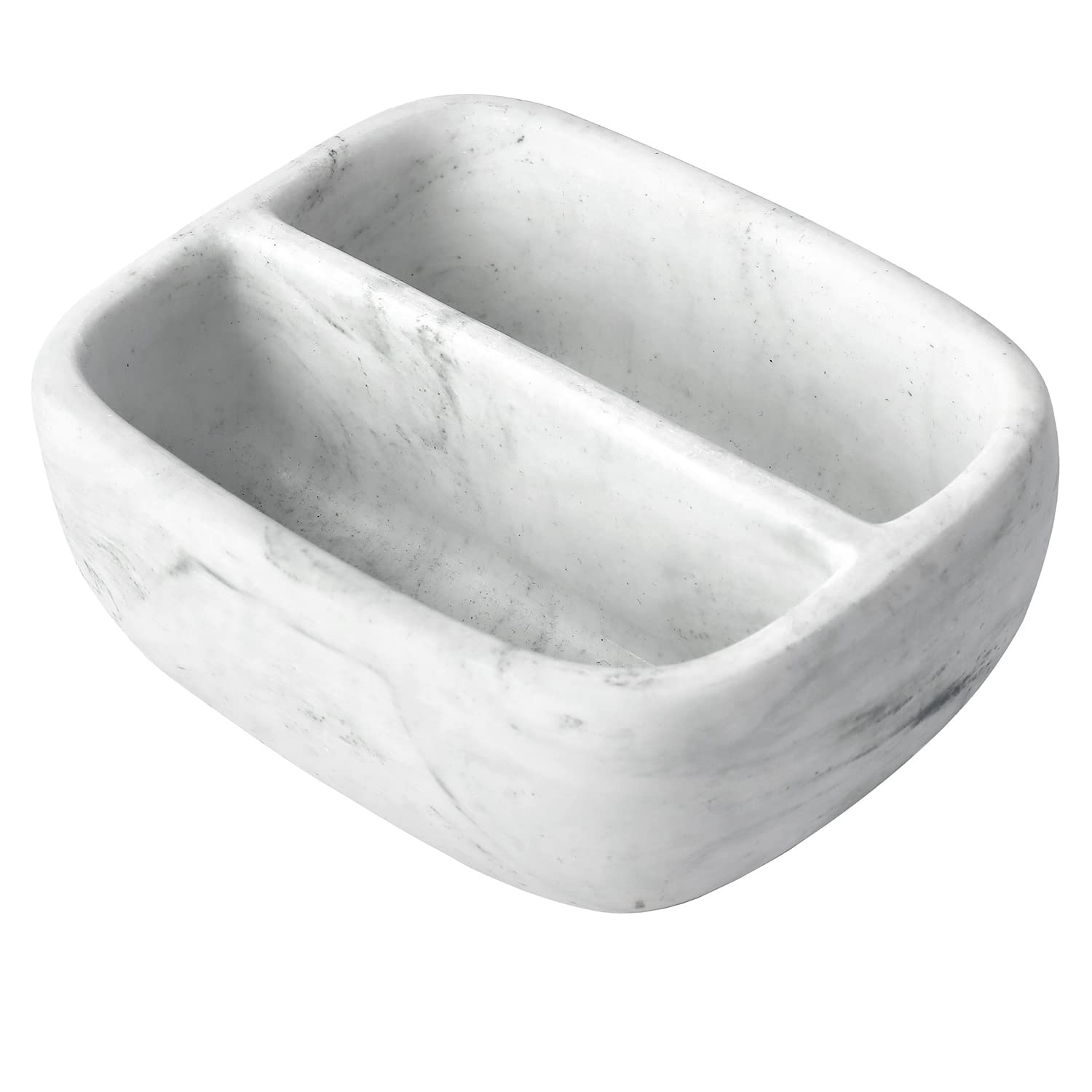 MyGift Modern White Resin Sponge Holder for Kitchen Sink, Countertop Sponge Dish with 2 Compartments and Marble Pattern