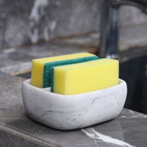 MyGift Modern White Resin Sponge Holder for Kitchen Sink, Countertop Sponge Dish with 2 Compartments and Marble Pattern