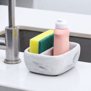 MyGift Modern White Resin Sponge Holder for Kitchen Sink, Countertop Sponge Dish with 2 Compartments and Marble Pattern